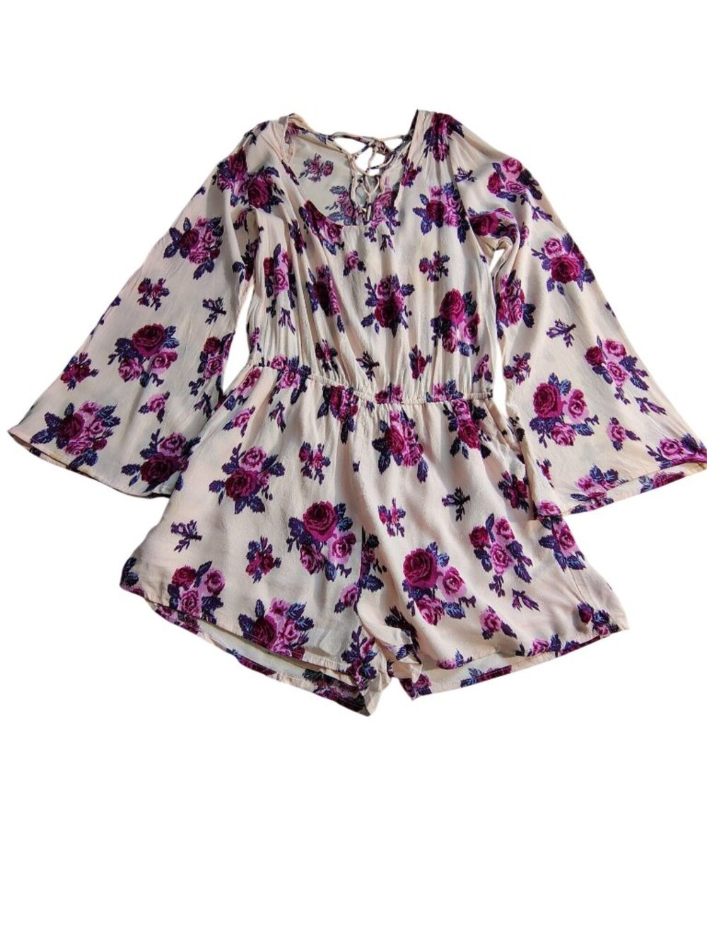 Forever 21 Womens Floral Print Long-Sleeve Romper With Drawstring Neckline SizeL